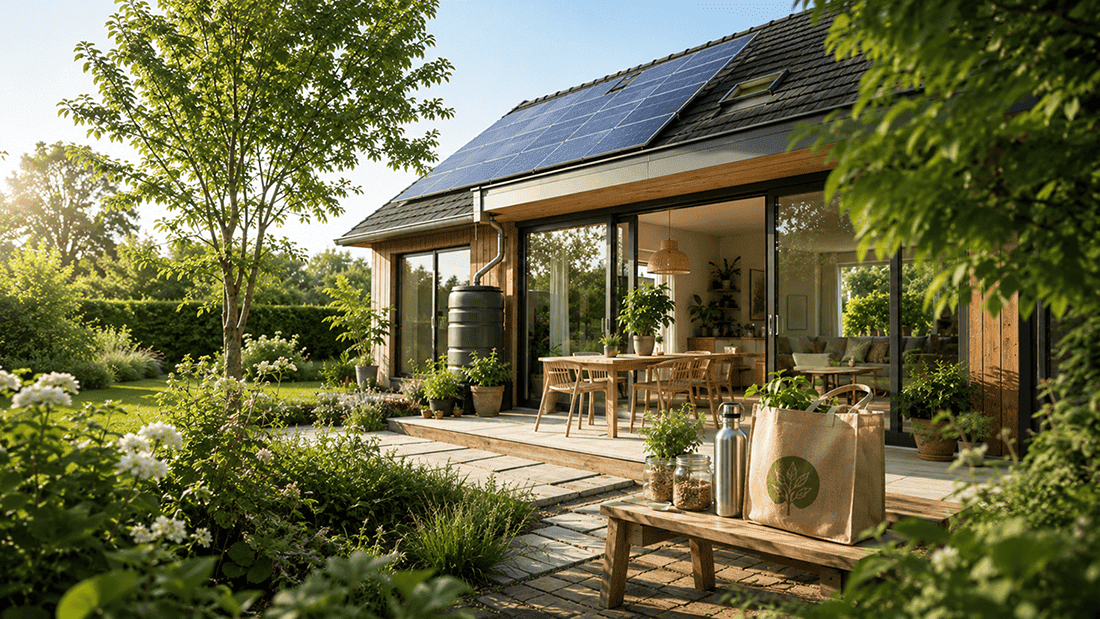 Duurzame woning met zonnepanelen en een groene tuin